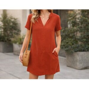 Lulus Womens M Rust Orange Shift Dress V-Neck S/S Tunic Pockets Casual Chic